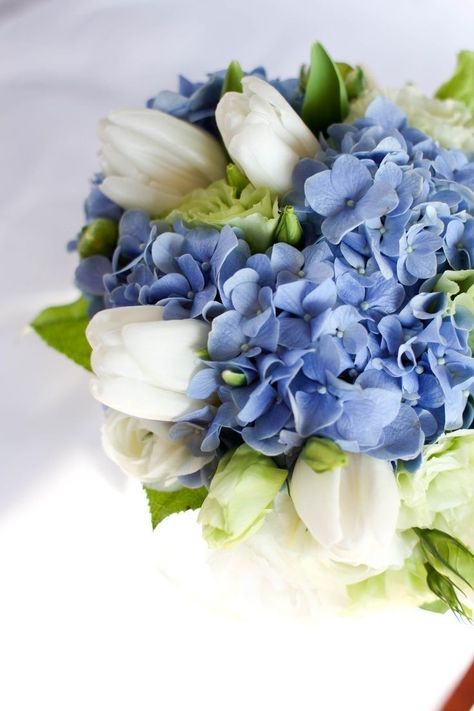 Wedding Flowers Blue Hydrangea, White Tulip Bouquet, Wedding Flowers Tulips, Hydrangea Bouquet Wedding, Blue Wedding Centerpieces, Tulip Wedding, Hydrangea Bouquet, Blue Wedding Flowers, Blue Tulips