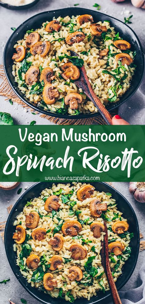 Vegan Spinach Dinner, Mushroom And Spinach Risotto, Vegan Mushroom Risotto Recipes, Wfpb Spinach Recipes, Vegan Arborio Rice Recipes, Rissoto Recipes Vegan, Plant Based Spinach Recipes, Vegan Mushrooms Recipe, Mushroom Entree Recipes