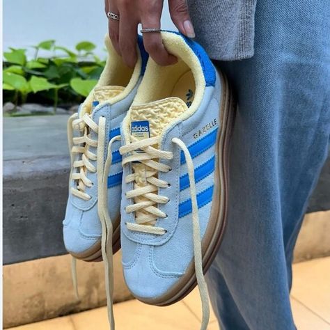 Originals Adidas Gazelle Bold Shoes for Women/Girls | Light Blue/Yellow - NEW Blue And Yellow Sambas, Adidas Gazelle Blue And Yellow, Blue And Yellow Gazelle, Blue And Yellow Adidas, Women’s Adidas Shoes, Yellow And Blue Outfits Women, Adidas Shoes Aesthetic, Satellite Stompers, Sneakers Smart Casual