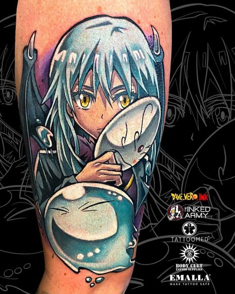 Rimuru Tempest Tattoo Design, New School Anime Tattoo, Anime Tattoo Highschool Dxd, Rimuru Tempest Tattoo Idea, That Time I Got Reincarnated As A Slime Tattoo Ideas, That Time I Got Reincarnated As A Slime Fanart, That Time I Got Reincarnated As A Slime Tattoo, Rimuru Tattoo, Reincarnated As A Slime Tattoo