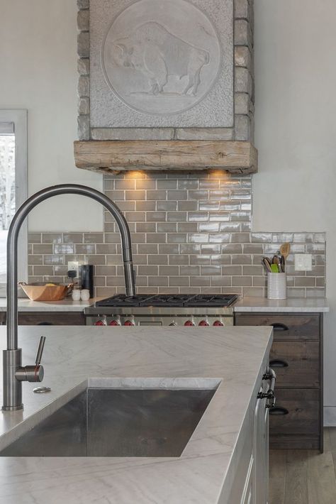 High ceilings, a large marble counter top and taupe tiled backsplash. Driggs Idaho, Spacious Kitchen, Jackson Hole Wyoming, Marble Counter, Spacious Kitchens, High Ceilings, Historic Preservation, Jackson Hole, Marble Countertops