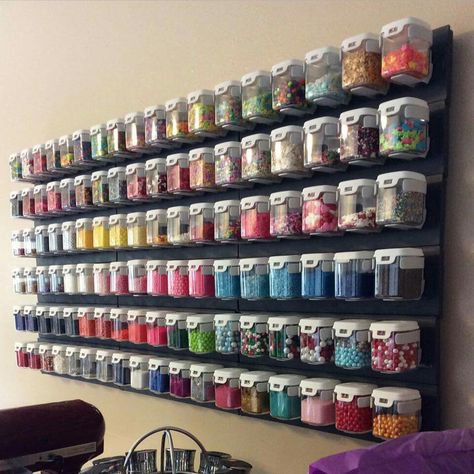 Sprinkles Organization Ideas, Sprinkles Storage Ideas, Sprinkle Organization Ideas, Sprinkle Storage Ideas, Sprinkles Organization, Sprinkle Storage, Bakery Organization, Sprinkle Wall, Baking Supplies Organization