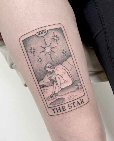 The Star Tarot Tattoo Design, The Star Card Tattoo, Star Card Tattoo, Tarot Card Tattoo Star, Tarot Card Tattoo Minimalist, Star Tarot Card Tattoo, Star Tarot Tattoo, The Star Tarot Card Art, Strength Tarot Card Tattoo