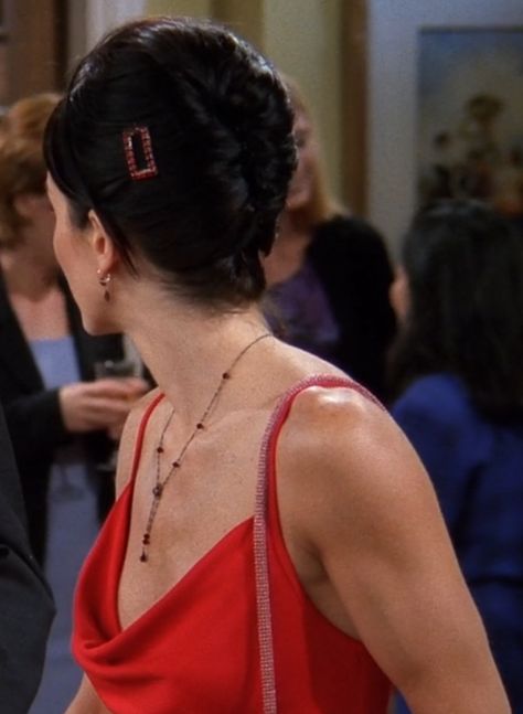 Monica Red Dress Friends, Monica Red Dress, Red Cowl Neck Dress, Monica Friends, Cordelia Chase, Cowl Dress, Cowl Neck Dress, Red Outfit, Dark Hair