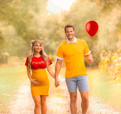 Pregnant Carnival Costume, Prego Halloween Costumes Couples, Cute Maternity Costumes, Cute Costumes For Pregnant Women, Cute Pregnant Couple Halloween Costumes, Winnie The Pooh Pregnant Costume, Cute Halloween Costumes For Pregnant Women, Pooh Bear Pregnant Costume, Pregnant Pooh Costume