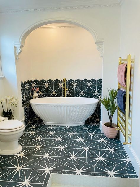 Arched Alcove, Grey Bathroom Mirrors, Celebrity Home, Bathroom Tile Inspiration, Kimberley Walsh, Bathroom Mirror With Shelf, Patterned Tile, House Beautiful Magazine, Industrial Mirrors