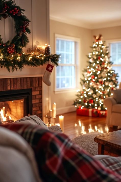 Christmas Aesthetic Cozy Living Room, Christmas Tree With Fireplace, Cozy Holiday Living Room, Cozy Christmas Living Room Fireplaces, Cozy Warm Christmas Aesthetic, Cosy Christmas Living Room, Christmas Inspiration Decoration, Christmas Tree Aesthetic Cozy, Early Christmas Decorating