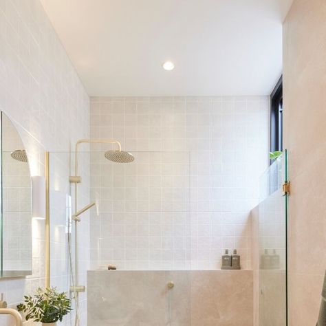 Tiles | Bathroomware | Hard Flooring | Tapware | Outdoor | Trade on Instagram: "Step inside Maddy & Charlotte’s winning ensuite! The girls wowed the judges with this calming, coastal style ensuite. 😍 

The room features the beautiful Omnistone beige tile on the floor and half the walls, and has our feature square Atmosphere tile to bring a contemporary edge to the room. 

The girls didn’t have a huge space to work with, but they put a lot of thought into the layout of this room and it flows beautifully. They chose to use a nib wall in the shower, which is the new niche...it adds storage and is a perfect design addition to break up the different wall tiles.

If this is your style, you can get the whole look with ease thanks to our *get the look* Complete Bathroom Package - head to Maddy & Recess In Shower Wall, White Square Tile Shower Wall, Shower Nib Wall, Kitkat Shower Tiles, Kerdi Shower Niche, Beige Tile, Complete Bathrooms, Square Tile, Step Inside