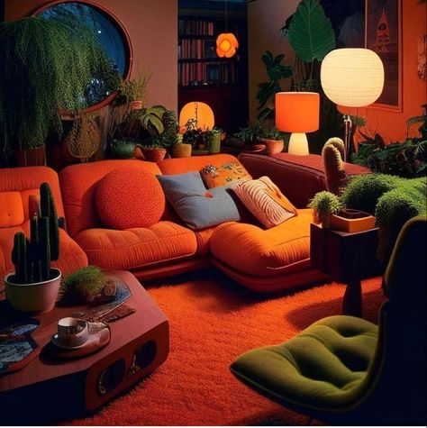 Comfy Home Interior, 70s Game Room, 80s Inspired Living Room, Playful Interior, Retro Basement, 1950s Interior, Fall Living Room Ideas, Living Lounge, Funky Living Rooms