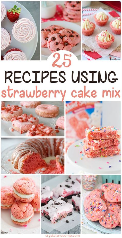 Nothing beats the flavors of strawberry. Just so good. I am always on the hunt for strawberry desserts and recipes using strawberry cake mix are the nex... Things To Make With Strawberry Box Cake, What To Make With Strawberry Box Cake, Strawberry Cupcake Recipe Using Cake Mix, Things To Do With Cake Mix Boxes, Strawberry Cake Mix Recipes, Baking Drawer, Strawberry Cake Mix Cookies, Cake Mix Muffins, Recipes Using Cake Mix