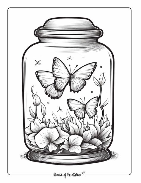 Jar Drawing Ideas, Butterfly Drawing Sketches, Butterfly Colouring Pages, Jar Coloring Page, Disney Art Style, Chibi Coloring Pages, Leaf Stencil, Floral Tattoo Sleeve, Jar Art