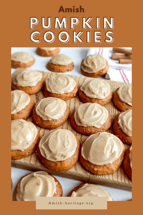 Amish Pumpkin Cookies with Caramel Frosting Recipe Amish Pumpkin Cookies With Caramel Frosting, What To Make With Canned Pumpkin, Recipes With Canned Pumpkin, Iced Pumpkin Cookies, Pumpkin Pie Mix, Caramel Cookies, Amish Recipes, Spice Cookies, Pumpkin Cookies