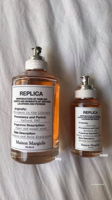 Maison Margiela Replica perfume. Whispers in the library and jazz club. Big and small Whispers In The Library, Replica Perfume, Replica Jazz Club, Perfume Aesthetic, Maison Margiela Replica, Margiela Replica, Fragrances Perfume Woman, Perfume Collection Fragrance, Jazz Club