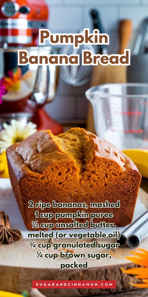 Indulge in the delightful fusion of flavors with this Pumpkin Banana Bread! 🍌🎃 This easy recipe combines moist banana bread with warm pumpkin spices, perfect for cozy fall mornings or afternoon treats. Discover the secret to making it extra fluffy! Save this pin to bake later! Pumpkin Banana Bread Food Dolls, Pumpkin Banana Dessert, Spiced Banana Bread Recipe, Easy Pumpkin Banana Bread, Banana Pumpkin Bread Recipe, Pumpkin Spice Bread Recipe, Peanut Butter Banana Bread Recipe, Pumpkin Banana Bread Recipe, Caramel Apple Salad