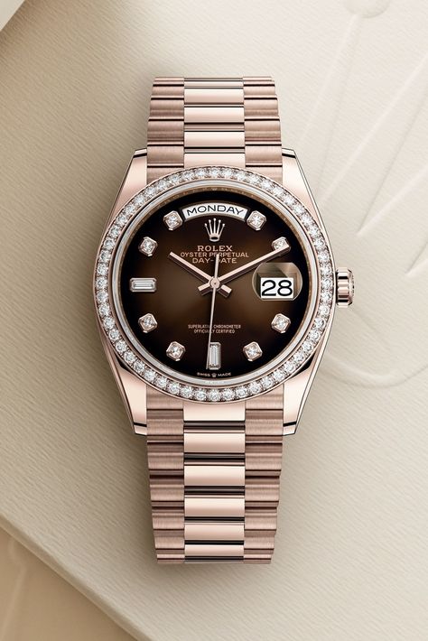 The presidents' watch. The Rolex Day-Date 36 in Everose gold and diamonds, 36 mm case, brown ombré set with diamonds dial, a President bracelet. @Rolex   #Rolex #Daydate #Nfoxjewelers #Saratogasprings Rolex Everose Gold, Brown Rolex Watch, Female Rolex Watches, Brown Watches Women, Custom Rolex, Rolex Diamond Watch, Rolex Wrist Watch, Rolex Diamond, Rolex Watches Women