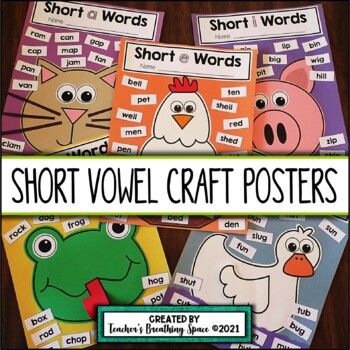 In this set, you'll find five adorable, easy-to-prep, simple-to-make craftivities to help practice and review short vowel sounds! Each poster features a quick and simple craft, along with 20 words (mostly CVC with a few blends and digraphs included) to glue all around it... so fun! This set includes... Cvc Craft, Short I Activities, Short I Words, Vowel Activities, Cvc Activities, Blends And Digraphs, Short Vowel Sounds, Phonics Kindergarten, Teaching First Grade