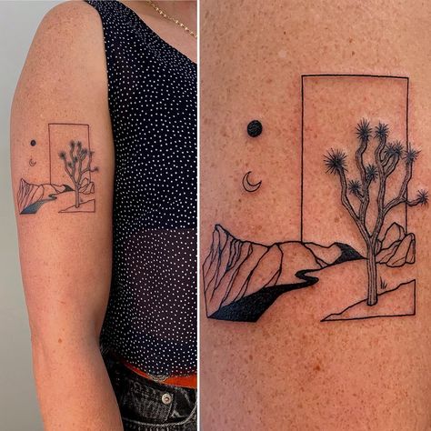 Desert Tree Tattoo, Desert Half Sleeve Tattoo, Desert Style Tattoo, Minimalist Wrap Around Tattoo, Small Joshua Tree Tattoo, Desert Stamp Tattoo, Desert Inspired Tattoos, Red Rock Tattoo, Big Bend Tattoo