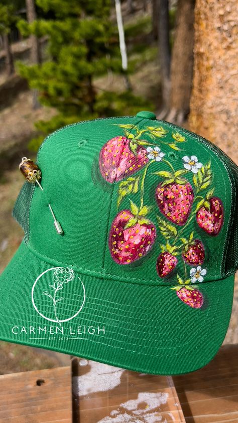 Painting Hats, Cap Painting, Painted Strawberries, Bead Hat, Green Trucker Hat, Green Baseball Cap, Hat Art, Painted Clothing, Custom Trucker Hats