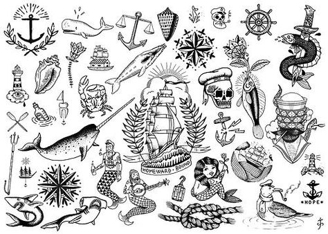 Nautical neo traditional Narwal Tattoo, Traditional Tattoo Black And White, Sailor Tattoos, Catrina Tattoo, Sailor Tattoo, Ocean Tattoos, Nautical Tattoo, Geniale Tattoos, Traditional Tattoo Flash