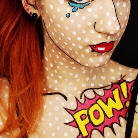 Photo Credit: keltiecolleen.buzznet.com   -Cosmopolitan.com Pop Art Halloween Costume, Comic Book Makeup, Doll Makeup Halloween, Comic Makeup, Mardi Gras Makeup, Easy Diy Costumes, Diy Halloween Costumes Easy, Last Minute Halloween Costumes, Halloween Makeup Easy