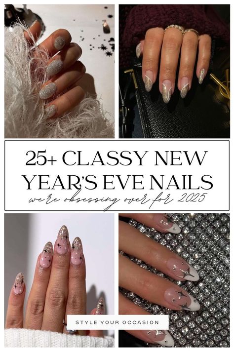 Looking for the perfect classy New Year’s Eve nail ideas for 2025? I’m sharing 25 stunning NYE nail designs and ideas to ring in the new year. Whether you’re looking for New Year’s Eve nail inspiration with sparkle, glitter, black, gold, or silver, I’ve got the perfect classy and simple NYE nails in almond, coffin, short, and square nail shapes. Sparkly nails, holiday nails, party nails Simple Nye Nails, Party Nails New Years Eve Sparkle, 1920s Nails, Silver Sparkly Nails, Gold Holiday Nails, Almond Shaped Nails Designs, Nye Nails, Nails Holiday, New Years Nail Designs