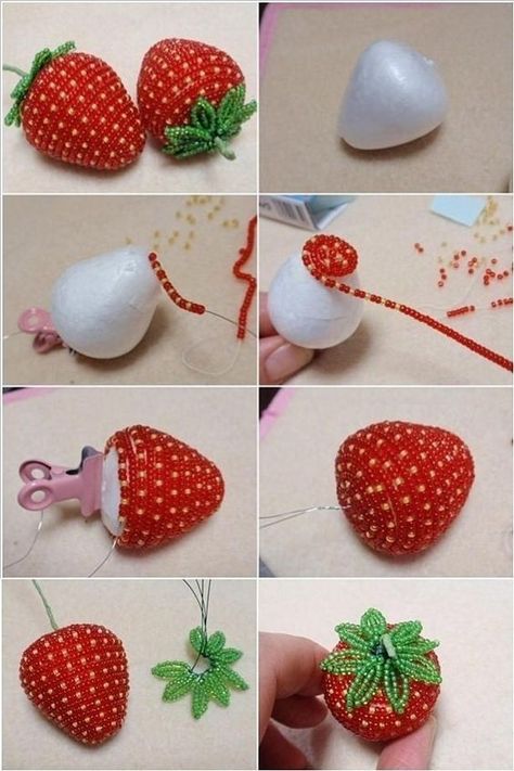 These Bead Strawberries are So Lovely and Creative Strawberry Crafts, Beaded Fruit, Beaded Flowers Patterns, French Beaded Flowers, Motifs Perler, Bead Embroidery Jewelry, Beaded Crafts, Embroidery Jewelry, Beading Projects