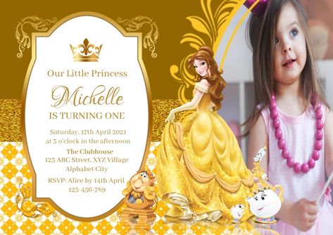 660+ customizable design templates for ‘princess belle’ Belle Invitation Template, Belle Birthday Party, Birthday Party Invitations Free, Belle Birthday, Invitation Layout, Princess Birthday Invitations, Baby Animal Drawings, Yellow Birthday, Princess Invitations