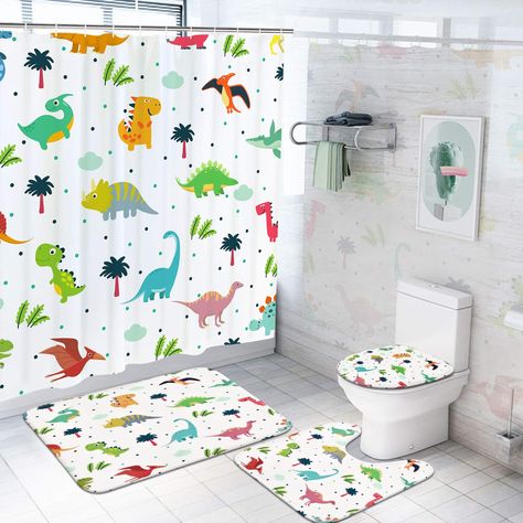 PRICES MAY VARY. PREMIUM MATERIAL: Cartoon dinosaur shower curtain is made of polyester fabric, comfy, waterproof and durable enough to beautify your bathroom, let you enjoy a healthy quality of life. And non-Slip bath mat and U type rug are made of high quality flannel. Skid resistant backing, durable and keeps the bath rug in place, helping you to enjoy pleasant bath time. HD PRINTING: The cute kids shower curtain designed with HD digital printing technology, clearly and not fade, make your ba Aria Bedroom, Kids Bathroom Sets, Kids Bathroom Accessories, Kids Shower Curtain, Bathroom Shower Curtain Sets, Bathroom Partitions, Bath Curtain, Toilet Lid Cover, Bathroom Decor Sets