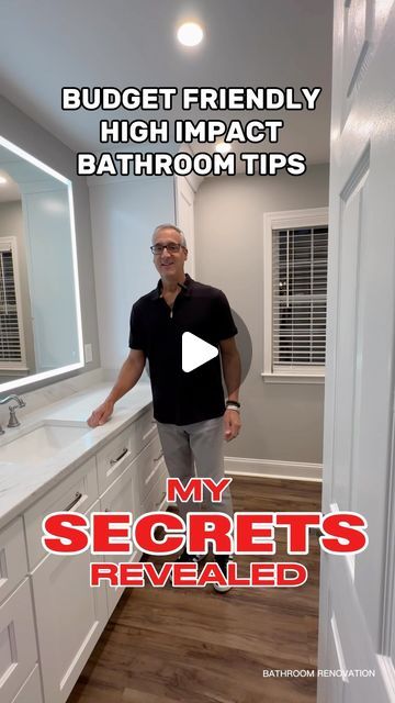 Interior Trend | Kitchen & Bath | Designer on Instagram: "BUDGET FRIENDLY BATHROOM TIPS. Saving Money Doesn’t Have to Look Cheap. My Design Secrets Revealed. Follow this for a Designer Looking Bathroom in a Budget. Plus You Can do Most of these DIY Products Yourself.  Want more product information? Comment “BATHROOM” and I’ll send you the information. #reels #bathroom #bathroomdesign #trending #design  #designer #aesthetic #budgetfriendly #bathroomdecor #tile #flooring #vanity #ledmirror #shower #plumbing" Remolded Bathrooms On A Budget, Boujee Bathroom Ideas, Cheap Bathroom Flooring, Update Bathroom, Trend Kitchen, Upscale Bathroom, Restroom Remodel, Bathroom Renovation Cost, Fancy Bathroom