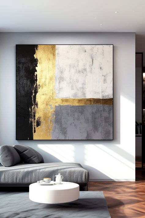 Original handmade abstract painting with gold leaf accents, featuring black, white, and metallic gold geometric shapes and textured brush strokes Black White And Gold Wall Art, Black White And Gold Artwork, Black White And Gold Art Canvas, White And Gold Wall Art, Gold Leaf On Black Canvas, Black White Gold Abstract Painting, Black And Gold Textured Art, White And Gold Wall, Leaf Abstract