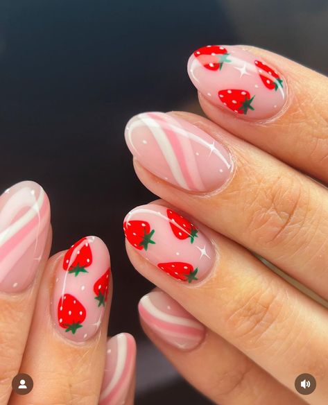 Strawberries Nails, Summertime Nails, Strawberry Nail Art, Ladybug Nails, Almond Acrylic Nails Designs, Strawberry Nails, Fruit Nail Designs, Berry Nails, Fruit Nails