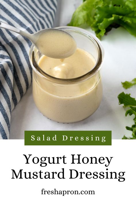 Yogurt Honey Mustard Dressing with a spoon in a glass jar on a white countertop. Dip For Chicken, Greek Yogurt Salad Dressing, Sweet Salad Dressings, Honey Salad Dressing, Healthy Dressing Recipes, Honey Mustard Salad Dressing, Mustard Salad Dressing, Greek Yogurt Sauce, Greek Yogurt Dressing