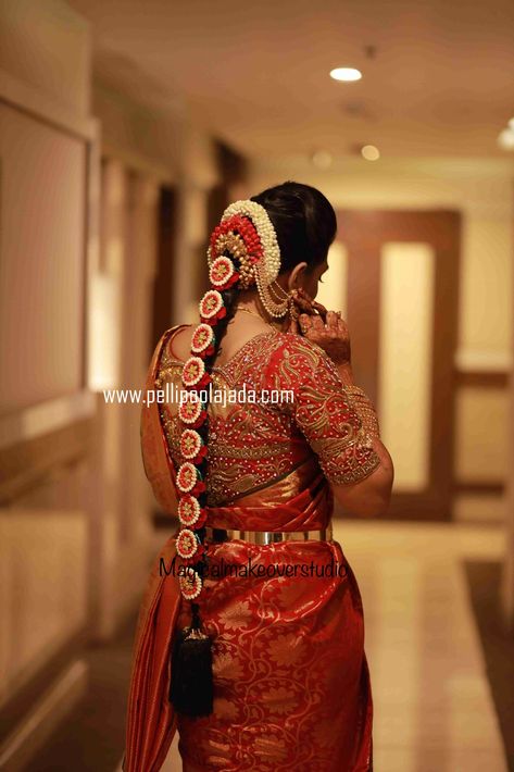 Bridal Poola Jada, Jada Models, Flower Jadai, Pelli Poola Jada, Telugu Bride, South Indian Wedding Hairstyles, Poola Jada, Bridal Hair Decorations, South Indian Bride Saree