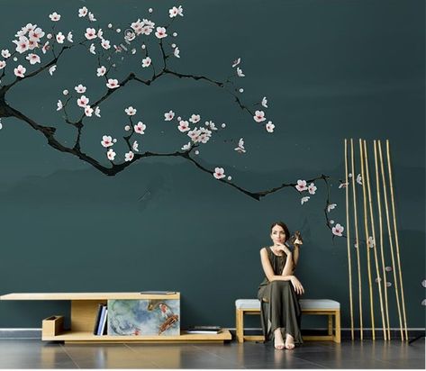 Chinoiserie Hanging Cherry Blossom Branch Flowers Wallpaper Wall Mural, Emerald Green Background Cherry Branch Wall Mural Blossom Wall Mural, Cherry Blossom Wall Mural, Blossom Mural, Creative Wall Painting Ideas, Cherry Blossom Bedroom, Tree Wall Painting, Paint Room, Cherry Branch, Cherry Blossom Wall Art