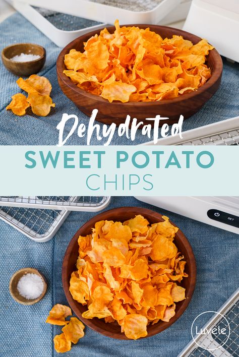 Homemade Sweet Potato Chips, Dehydrator Recipes Fruit, Dehydrating Food Storage, Sweet Potato Crisps, Sweet Potato Chips Baked, Healthy Sweet Potato, Dehydrated Vegetables, Stuffed Sweet Potato Healthy, Dehydrated Fruit