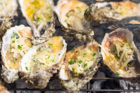 Charbroiled Oysters with cheese Bbq Oysters In Shell, Grilled Oysters On The Half Shell, Oysters Grilled, Charbroiled Oysters Recipe, Fish Casseroles, Charbroiled Oysters, Oyster Party, Bbq Oysters, Oysters On The Half Shell