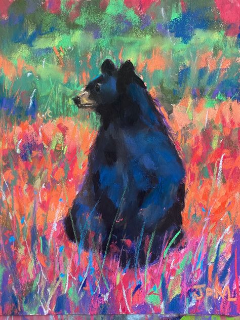 Black Bear Acrylic Painting, Soft Pastel On Black Paper, Black Bear Painting, Colorful Bear Painting, Colorful Wildflowers, Bear Painting, Whimsical Animals, Bear Paintings, Sunny Morning