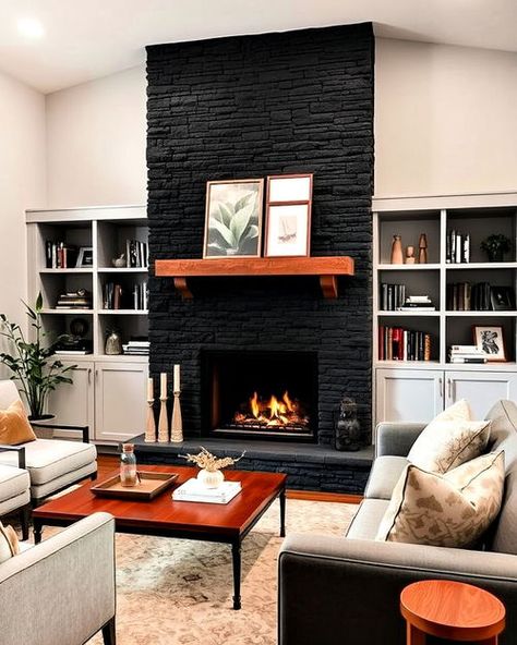 20 Black Stone Fireplace Ideas To Make A Statement Black Stone Fireplace Wall, Painted Black Stone Fireplace, Black Stacked Stone Fireplace, Paint Fireplace Stone, Black And White Fireplace Ideas, White Fireplace Ideas, Dark Stone Fireplace, Black Stone Fireplace, Black And White Fireplace