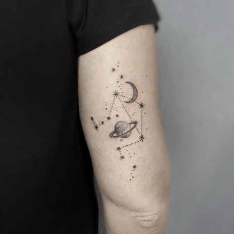 Libra constellation map with planet moon and star back of arm tattoo Libra Moon Tattoo, Libra Tattoo Ideas, Libra Flower, Libra Constellation Tattoo, Tattoo Ideas With Meaning, Meaning Art, Libra Symbol, Saturn Tattoo, Back Of Arm Tattoo