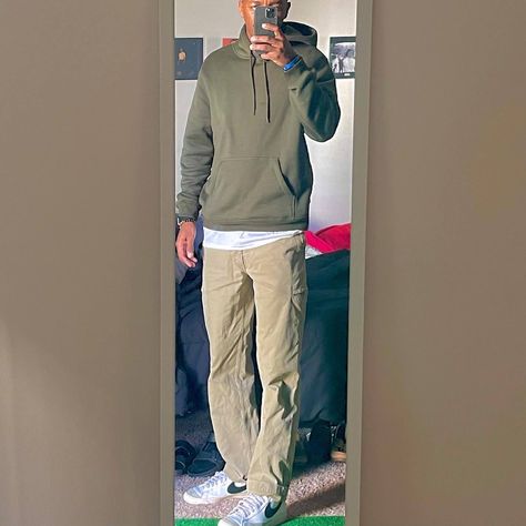 White t shirt with oversized olive green sweatshirt and Nike blazers Olive Cargo Outfit, Cream Cargos Men, Olive Green Hoodie Outfit Men, Blazer High Tops Outfit, Olive Green Cargo Pants Outfit Men, Tan Cargo Pants Outfit Men, Green Sweatshirt Outfit Men, Olive Green Hoodie Outfit, Cream Cargo Pants Outfit Men