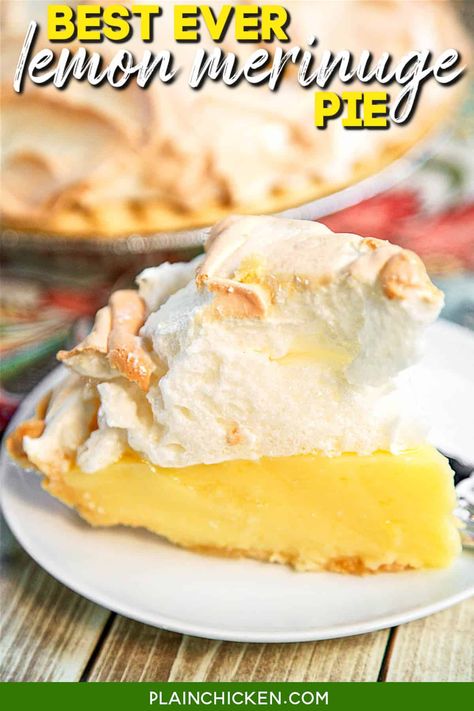 Best Ever Lemon Meringue Pie - homemade lemon pie topped with a quick homemade meringue. (sugar, cornstarch, eggs, milk lemon juice, butter, lemon zest) The pie is ready for the oven in about 10 minutes! This is seriously the BEST lemon meringue pie we've ever eaten! Great for summer cookouts! My T Fine Lemon Meringue Pie, Classic Lemon Meringue Pie, Easy Lemon Pie Filling Recipes, Lemon Pies Recipes, Old Fashioned Lemon Meringue Pie, Homemade Lemon Pie Filling, Lemon Pie Filling Recipes, Grandma's Lemon Meringue Pie Recipe, Fluffy Meringue