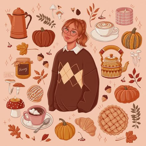 Autumn Outfits Illustration, Doodle Pumpkin, Autumn Doodles, Pumpkin Tea, Autumn Instagram, Ipad Procreate, Arte Van Gogh, Witchy Wallpaper, Autumn Illustration