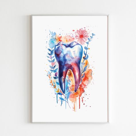 Floral Tooth Art Print, Watercolor Dental Office Decor, Dentist Gift for Dental Assistant, Human Anatomy Art With Flowers Tooth Art Painting, Dentist Art Painting, Dentist Painting, Tooth Watercolor, Dentist Cartoon, Tooth Art, Art With Flowers, Dental Wallpaper, Dentist Art