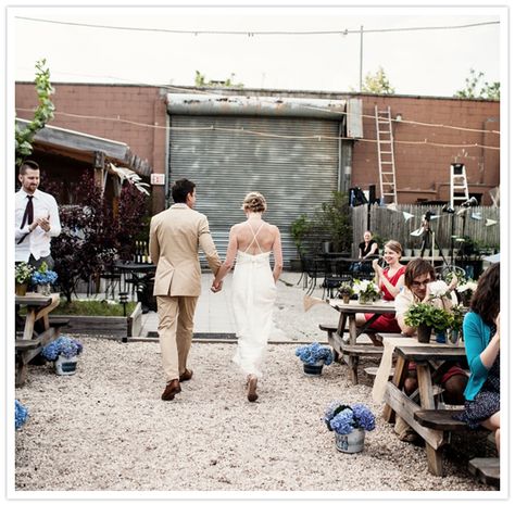 Picnic tables used doubled as seating for ceremony and for dinner. Picnic Table Wedding Ceremony, Picnic Table Wedding, Brooklyn Backyard, Wedding Music Playlist, Wedding Aisles, Photobooth Backdrop, Bhldn Wedding Dress, Greenpoint Brooklyn, Bhldn Wedding