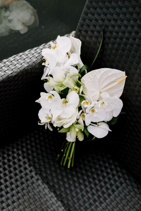 Wedding Flower Orchid, Orchid And Hydrangea Bouquet, Peony And Orchid Centerpiece, Small Orchid Bouquet, Bouquets With Orchids, Dendrobium Orchid Bouquet, White Anthurium Wedding, Sandbar Wedding, Anthurium Wedding Bouquet