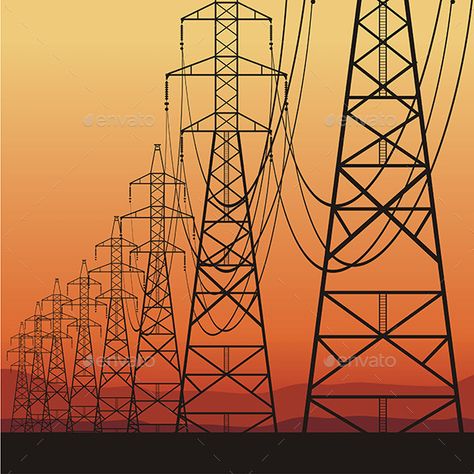 Electrical Power Lines by volyk Electrical power lines silhouetted against sky at sunset Sunrise Vector, Transmission Tower, Line Photography, Pole Art, Power Lines, Principles Of Design, Orange Sky, Orange Aesthetic, Electric Power