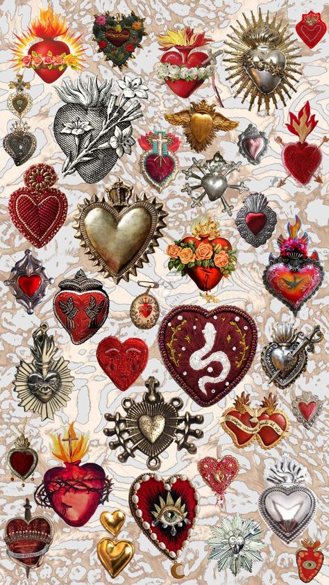 #wallpaper #art #inspo #hearts #vibes #aesthetic #vintage #red 90s Hearts Background, Baroque Aesthetic Wallpaper, Sacred Heart Aesthetic, King Of Hearts Aesthetic, Shrinkadink Ideas, Vintage Heart Aesthetic, Sacred Heart Wallpaper, Electra Heart Aesthetic, Red Collage Aesthetic