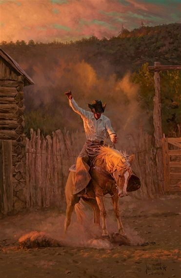 Owen Bill | Early Morning at Cedar Ranch (2008) | MutualArt Charlie Russell, Western Pictures, Cowboy Artwork, Western Things, Cowboy Culture, Water Photos, Western Frontier, Cowboy Artists, Horse Paintings