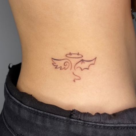 Small Witchy Tattoo Ideas, Dilligaf Tattoo, Devil Tattoo For Women, Tattoo Angel And Devil, Cute Devil Tattoo, Angel And Devil Tattoo Design, Devil Angel Tattoo, Devil And Angel Tattoo, Devil Tattoo Design