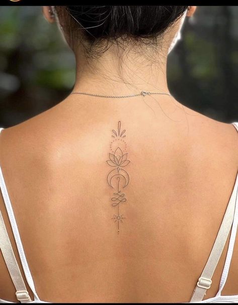 Sun Moon Spine Tattoos For Women, Top Of Neck Tattoo Women, Upper Back Tattoo Women Shoulder, Feminine Back Tattoos, Chic Tattoo, Unalome Tattoo, Neck Tattoos Women, Tattoos For Women Flowers, Spine Tattoos For Women